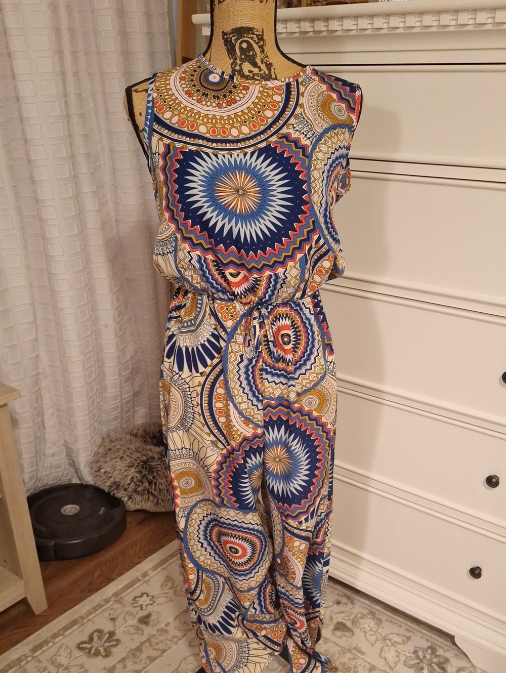 SHEIN Navy, Cream & Gold Geometric Print Sleeveless Jumpsuit NEVER worn